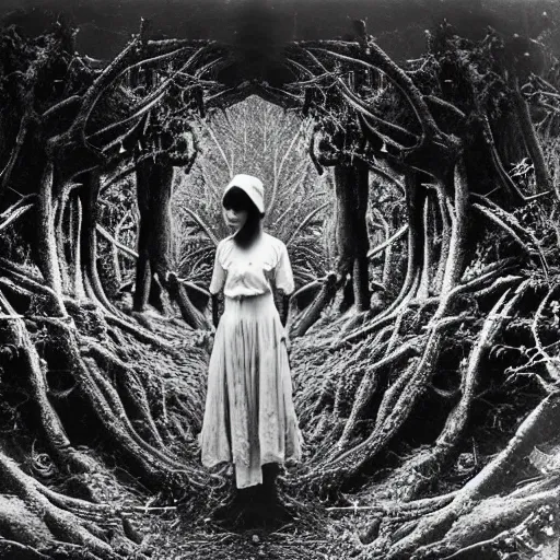 Image similar to an ancient evil-girl on a mysterious fractal forest, mist, 1910 photography, Black and white