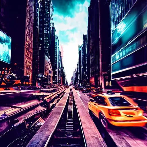 Image similar to futuristic train drives over busy street full of cars in nyc at night, still photo, cinematic lighting