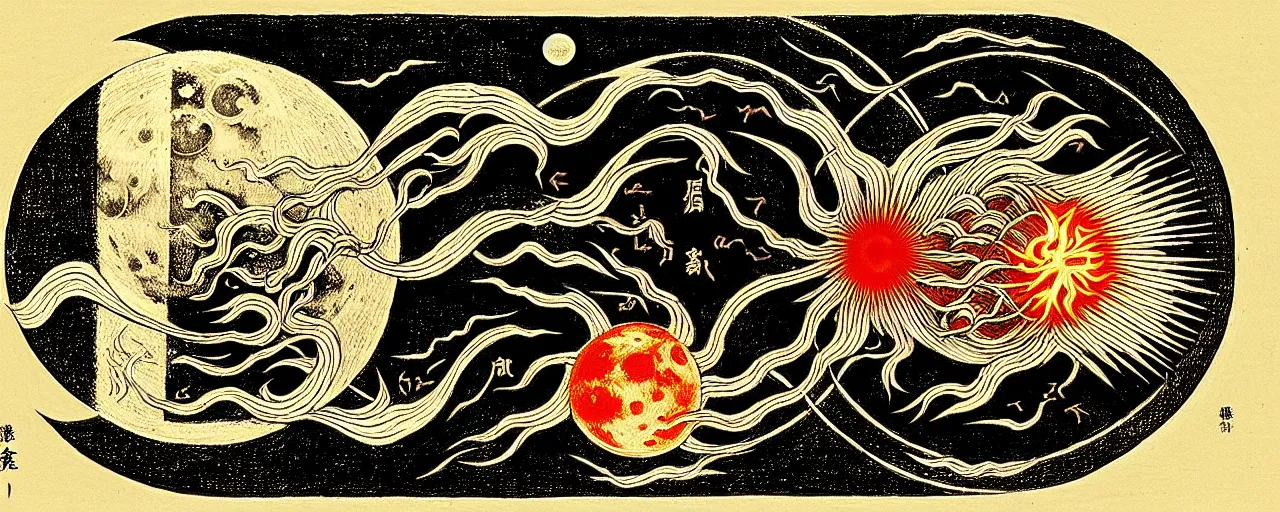 Prompt: a fiery yokai radiates a unique canto'as above so below'to the moon, while being ignited by the spirit of haeckel and robert fludd, breakthrough is iminent, glory be to the magic within, in honor of saturn, painted by ronny khalil