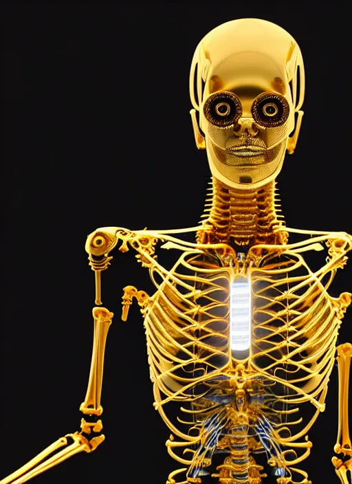 Prompt: full body rendering of a futuristic female golden mechanical skeleton with human face, wires, glowing internal light, hyperdetailed illustration by irakli nadar and alexandre ferra, intricate linework, faberge, intricate gold linework, dark atmosphere, unreal engine 5 highly rendered, global illumination, radiant light, detailed and intricate environment