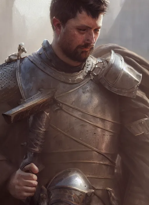 Prompt: medium close up of male medieval warrior walking with weapon on shoulder, brown hair, dirty face, realistic cinematic lighting, photorealistic, reflections, glistening, sweat, greg rutkowski, wlop, ruan jia, artgerm, craig mullins, pixiv, artstation, octane renderer