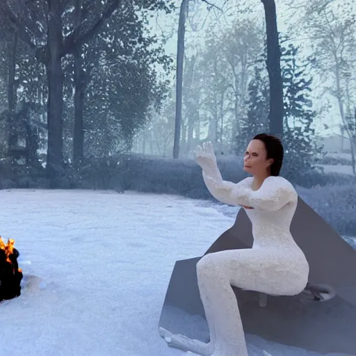 Prompt: a beautiful woman made out of snow and ice sitting by a campfire and slowly melting, by iris van herpen, unreal engine 5, outdoor campfire pit