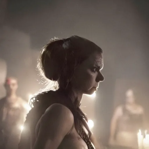 Prompt: kathleen munroe as the goddess of war. movie still. sinister atmospheric lighting. highly detailed, ground mist