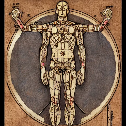 Prompt: cyborg as a vtruvian man blueprint by leonardo davinci