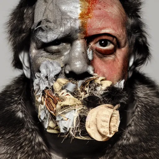 Image similar to a photograph of trashman and fur garbage portrait , weird, argentic, dust and scratches, by Jon Rafman