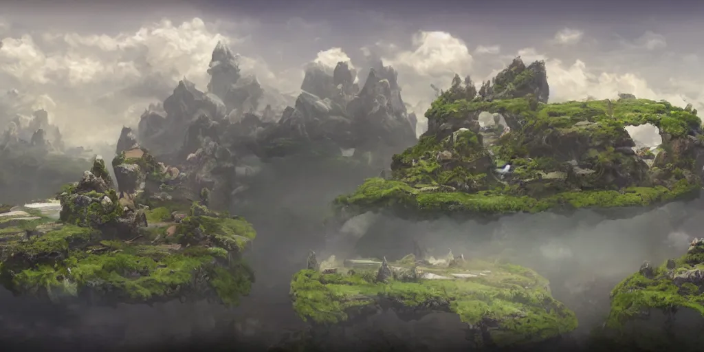 Prompt: the floating islands of skylands, matte painting, calm fluffy clouds, 4 k, concept art