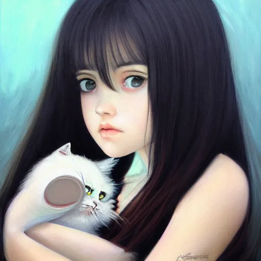 Prompt: a painting of cute emo girl, with long dark hair, thick eyebrows, dark eyes and dark circles wide nose, big eyes, oval face, big cheeks holding her cat, photorealistic painting by tran nguyen ilya kuvshinov and greg rutkowski featured on deviantart, detailed painting