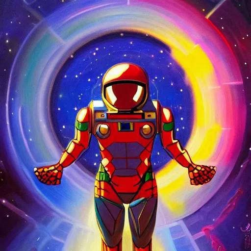 Prompt: marvel mech spaceman superhero with cape and magic spells surfing, isometric scifi astral spirit space journey in oil painting, pulled into the spiral vortex, trending on artstation, award winning, emotional, highly detailed ethereal isometric surrealist art