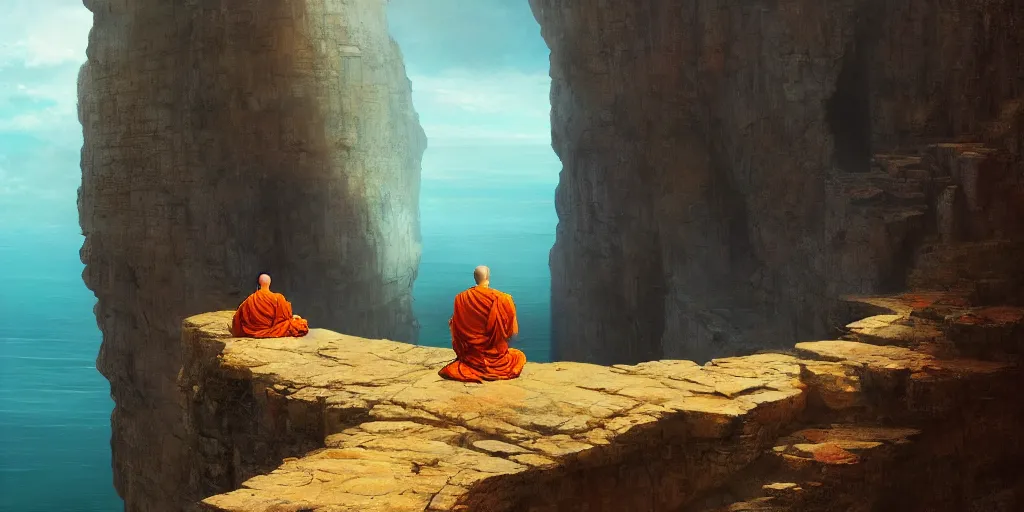 Image similar to A cliff with a narrow ledge looks out onto a vast ocean a monk sits on the ledge in the lotus position, Marc Simonetti, cinematic lighting, detailed oil painting, hyperrealistic, 8k