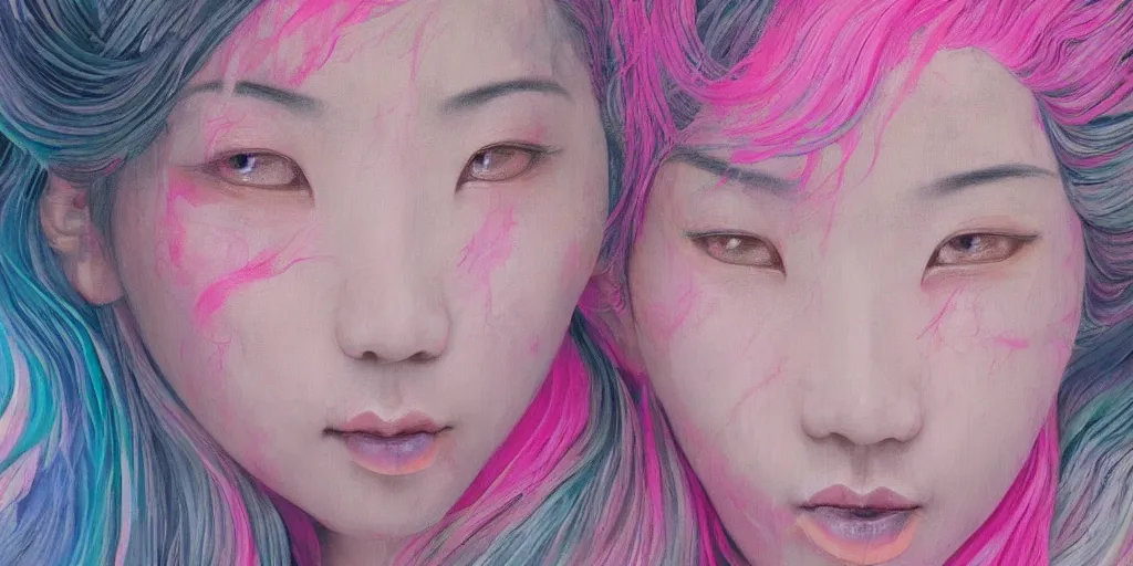 Image similar to a portrait of a very beautiful young asian goddess with pink and grey hair radiating an artwork made of swirling paint and impasto, sleepy eyes by wlop and botticelli, background is multicoloured volumetric displacement, hyperrealism, 8 k