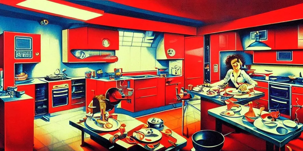 Image similar to soviet retro - futuristic kitchen by drew struzan