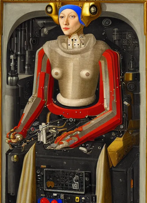 Image similar to a portrait of cyborg queen jacked into a man-machine interface by Jan van Eyck