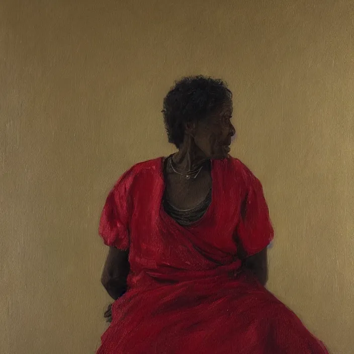 Prompt: a painting of a elder woman by Lynette Yiadom-Boakye . details, smooth, sharp focus, illustration, realistic, cinematic, artstation, award winning, rgb , unreal engine, octane render, cinematic light, macro, depth of field, blur, red light and clouds from the back, highly detailed epic cinematic concept art CG render made in Maya, Blender and Photoshop, octane render, excellent composition, dynamic dramatic cinematic lighting, aesthetic, very inspirational, arthouse.