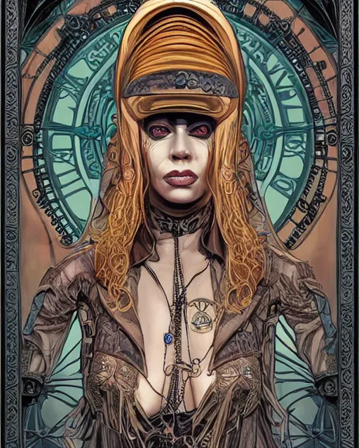 Image similar to a detailed portrait illustration of a steampunk wizard - nun. beautiful black female face, large chest. art nouveau, pop art, comic book style. influenced by neil gaiman, h. p. lovecraft, dan mumford, brian froud, vadim voitekhovitch, killian eng, ross tran.