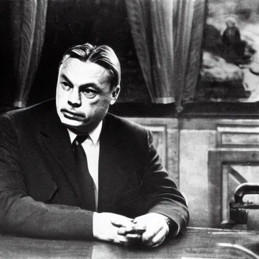 Prompt: leader of fascist hungary, viktor orban, overseeing the war torn city of budapest during the siege 1 9 4 5