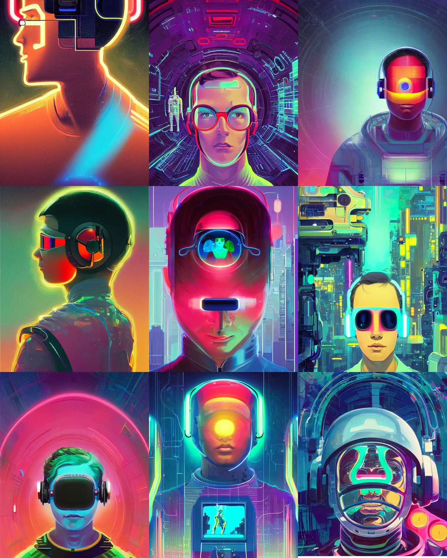 Prompt: future coder man looking on, sleek cyclops display over eyes and sleek bright headphoneset, neon accent lights, holographic colors, desaturated headshot portrait digital painting by victo ngai, rhads, john berkey, tom whalen, alex grey, alphonse mucha, donoto giancola, astronaut cyberpunk electric