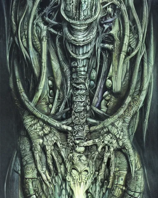 Prompt: artwork by hr giger, by roger dean, by yoshitaka amano