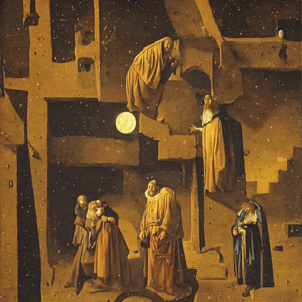 Image similar to The old teacher shows the two boys the constellations on the roof, the moon in the starry sky, medieval painting by Jan van Eyck, Johannes Vermeer, Florence