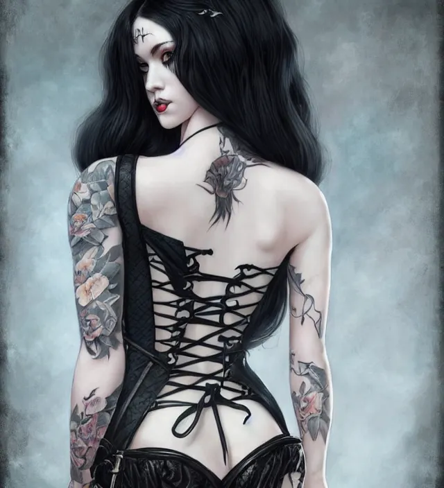 Prompt: two beautiful pale skin white eyed cosplay girls, back view, black hair, fully tattooed body, fishnet corset with choker and whip on hand, symmetrical, beautiful detailed face, masterpiece, artstation contest winner, trending artgerm, paint by tom bagshaw