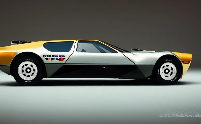 Image similar to designed by Giorgetto Giugiaro stylized poser of a single, 1973 Miura Citroen DM BMW M1 (McLaren F1) DeLorean, thick neon lights, ektachrome photograph, volumetric lighting, f8 aperture, cinematic Eastman 5384 film