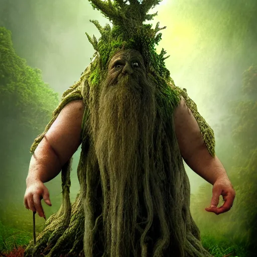 Image similar to matte painting of Treebeard holding Merry and Pippin form the Lord of the Rings