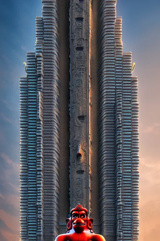 Image similar to high quality 3 d cyberpunk biomorphic hanuman! head building in the middle of mumbai!!, highly detailed, cinematic smooth, stephen shore & john j. park, soft morning light, wide shot, high angle, uhd 8 k, sharp focus