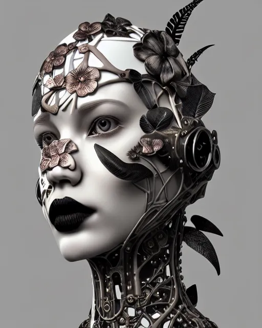 Image similar to monochrome 3 d model, steampunk biomechanical beautiful young female cyborg with porcelain profile face and a big floral eye, volumetric light, leaves foliage and stems, hibiscus flowers, boho floral vines, sinuous fine roots, fine foliage lace, alexander mcqueen, rim light, big gothic fashion pearl embroidered collar, octane render, 8 k