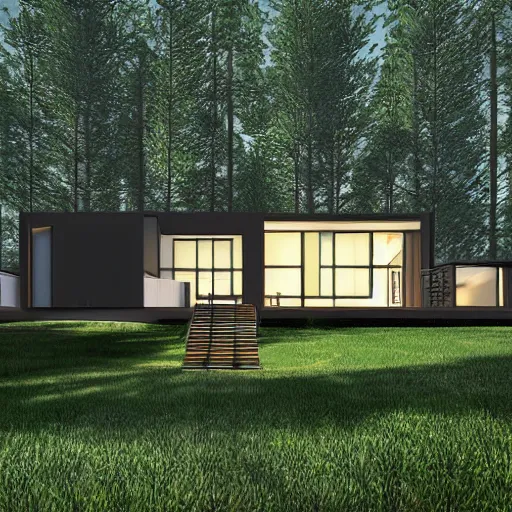 Image similar to a modern house in the woods. the house is the shape of a mobius strip with large picture windows. there are pine trees all around. digital art, 3 d render.