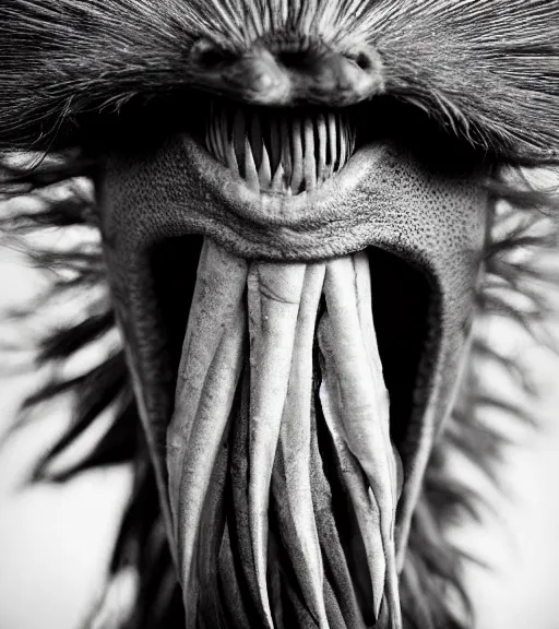 Prompt: Award winning Editorial up-angled photograph of Early-medieval Scandinavian Folk ostrich Baring its teeth with incredible hair and fierce hyper-detailed eyes and a large forked tongue sticking out to camera by Lee Jeffries and David Bailey, 85mm ND 4, perfect lighting, a strong heart-shaped birthmark on the high forehead, dramatic highlights, wearing traditional garb, With very very huge sharp jagged Tusks and sharp horns