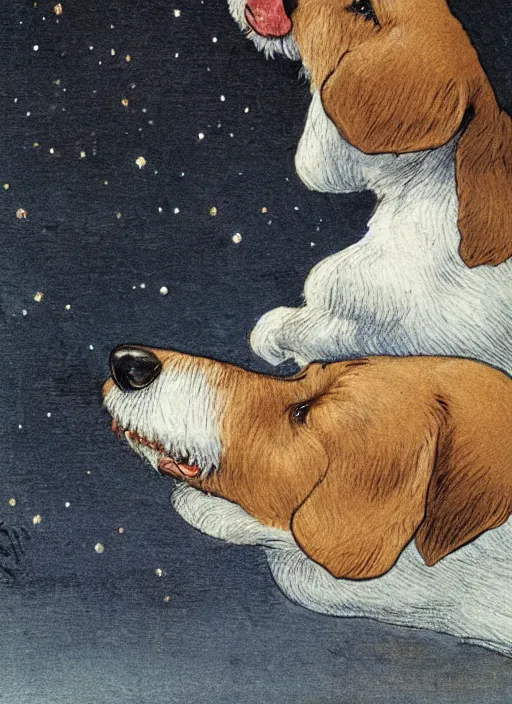Image similar to candid portrait of jack russel dog sad mouth open, night sky, highly detailed, side view, illustrated by peggy fortnum and beatrix potter and sir john tenniel
