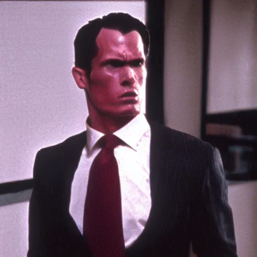 Prompt: Humanoid HIMARS as The American Psycho, cinematic still, sweating hard