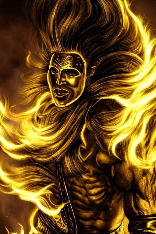 Prompt: A man wearing golden mask, hair like fire, muscular, in dark soul