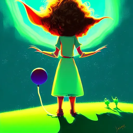 Image similar to curled perspective digital art of curly brown hair girl playing ball with yoda by anton fadeev from nightmare before christmas