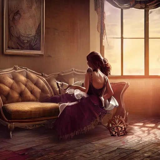 Prompt: a beautiful female is sitting on her living room couch. She is dressed casually and is watching TV, Realistic, Refined, Detailed Digital Art, Steampunk, Highly Detailed, Cinematic Lighting, Unreal Engine, 8k, HD