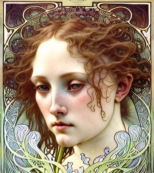 Image similar to beautiful young orchid fairy detailed realistic porcelain face portrait by jean delville, alphonse mucha, iris van herpen and charlie bowater, art forms of nature by ernst haeckel, art nouveau, symbolist, visionary, gothic, neo - gothic, pre - raphaelite, fractal lace, intricate alien botanical biodiversity, surreality, hyperdetailed ultrasharp octane render