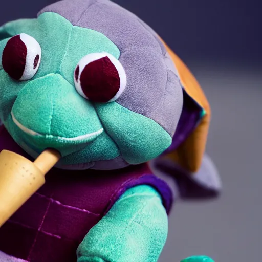 Image similar to a photograph of a turtle plush toy, he is happily playing drums, vivid color, 50mm, depth of field