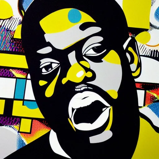 Image similar to Wall mural portrait of Notorious BIG, urban art, pop art, artgerm, by Roy Lichtenstein