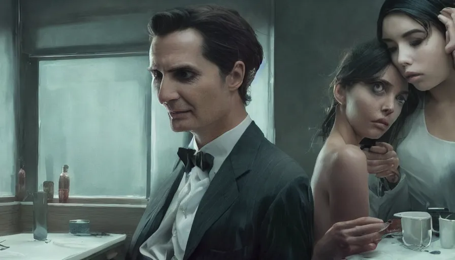 Image similar to intimacy, highly detailed creepy vfx portrait of a patrick bateman, ana de armas, madison beer, stephen bliss, unreal engine, greg rutkowski, loish, rhads, beeple, makoto shinkai and lois van baarle, ilya kuvshinov, rossdraws, tom bagshaw, global illumination, detailed and intricate environment