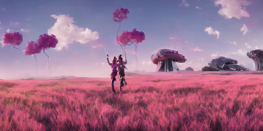 Prompt: people celebrating with hands up in a futuristic village next to wheatfields of pink plants, spaceships in the sky, pink trees, pink grass, at dawn, epic scale ultrawide angle, stunning, epic, cinematic, artstation trending, octane render, hyperrealistic, cryengine 8 k uhd