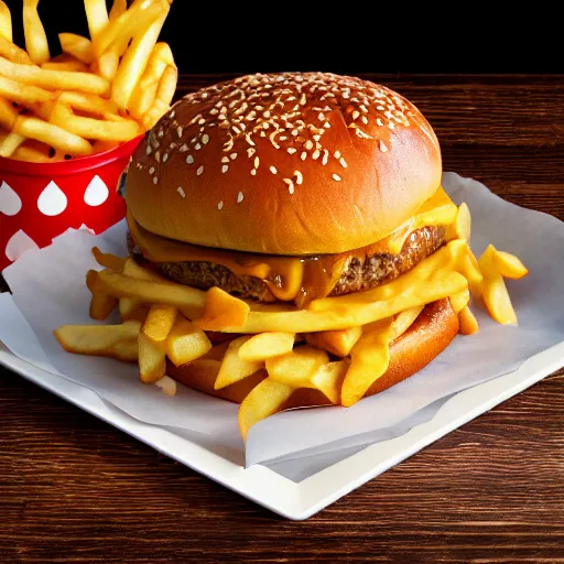 Image similar to stage photography highly detailed studio lighting food photography of a towering triple cheeseburger with melted cheese and fries on the side, stunning quality of scrumptious food