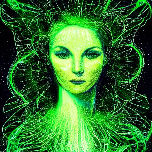 Image similar to HD symbolic fantasy portrait of the smart artist, dressed in green clothes with a crystalline neural lace