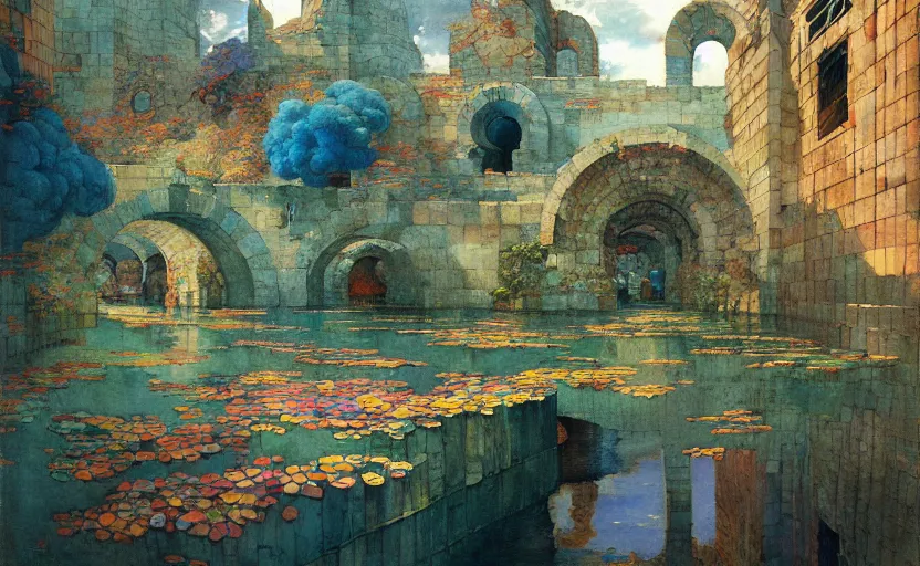 Image similar to tiled room squared waterway, aqueducts, fantasy. intricate, amazing composition, colorful watercolor, by ruan jia, by maxfield parrish, by marc simonetti, by hikari shimoda, by robert hubert, by zhang kechun, illustration, gloomy