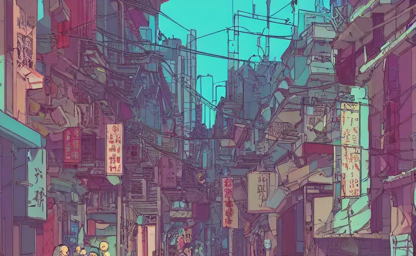 Image similar to a cyberpunk hong kong alley with robots and humans walking around by moebius, studio ghibli color palette