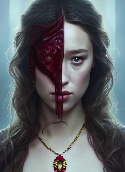 Image similar to portrait of alycia debnam - carey as a vampire lord, jewelry, greek, ruby, intricate, headshot, highly detailed, digital painting, artstation, concept art, sharp focus, cinematic lighting, illustration, art by artgerm and greg rutkowski, alphonse mucha, cgsociety