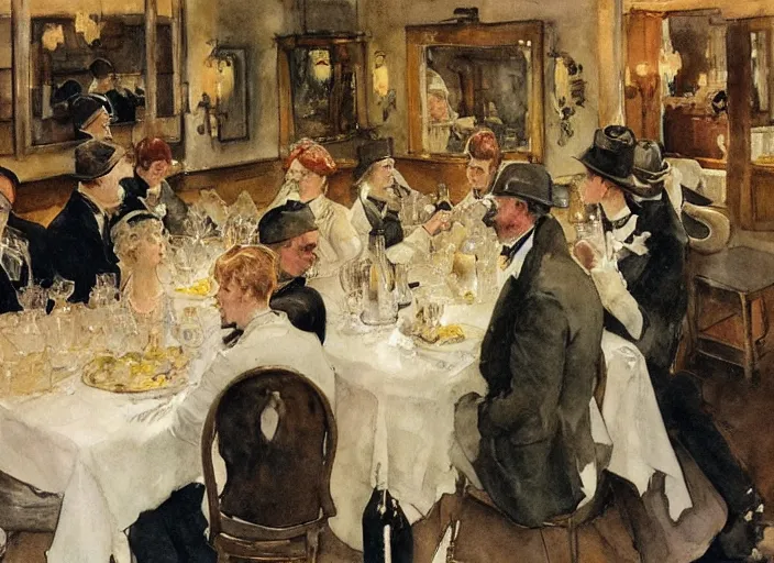 Prompt: gentlemens dinner, singing, roaring twenties, cellar, masterpiece, torches on wall, meat, wine, schnapps, smoking cigars, scantily clad blondes, watercolor by anders zorn and carl larsson, art nouveau