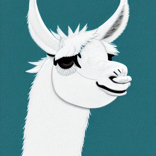 Image similar to cartoon illustration of a llama portrait, white background, anime