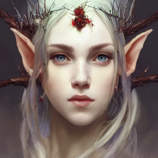 Image similar to portrait of very beautiful elf, rose thorn crown, thorns everywhere, headshot, pale skin, 4k, rule of thirds, extreme detail, detailed drawing, trending artstation, hd, fantasy, D&D, realistic lighting, by Alphonse Mucha, Greg Rutkowski, sharp focus, backlit, bright white hair, elegant