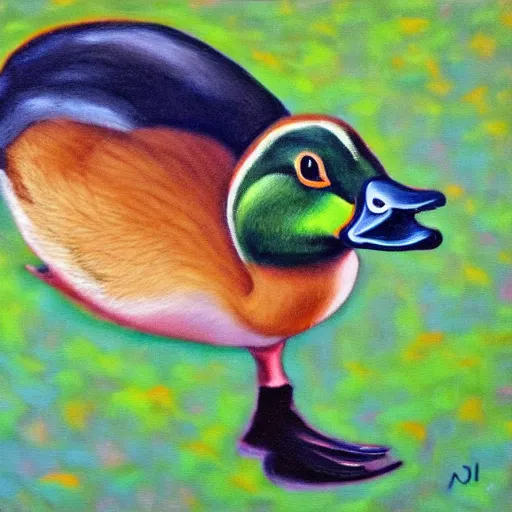 Prompt: a duck on the prowl oil painting julie curtiss