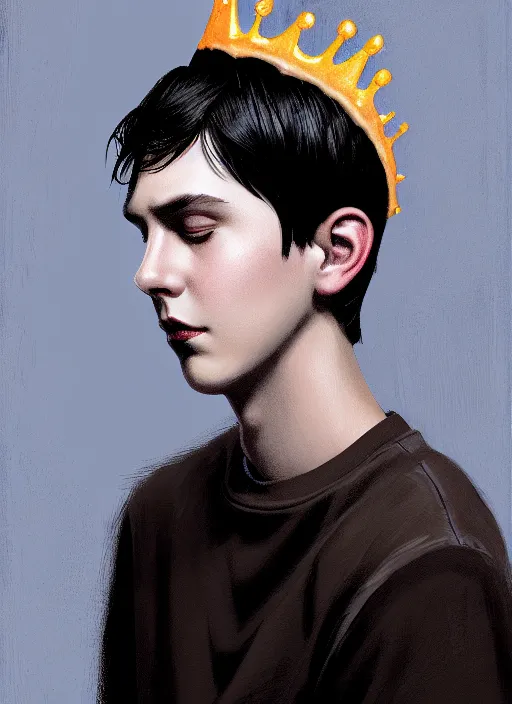 Image similar to portrait of teenage jughead jones wearing a light grey crown, crown, hamburger background, eyes closed, crown, black hair, intricate, elegant, glowing lights, warm lighting, highly detailed, digital painting, artstation, concept art, smooth, sharp focus, illustration, art by wlop, mars ravelo and greg rutkowski