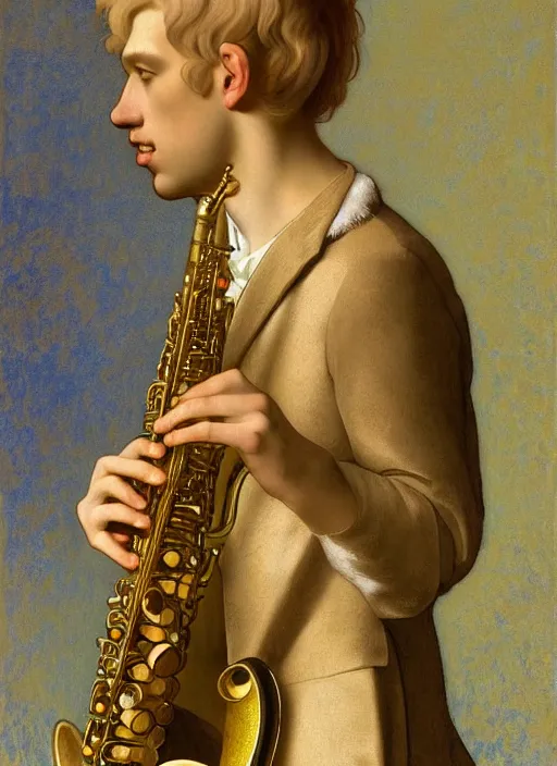 Prompt: Beautiful half body portrait of a young blond man playing sax wide view, intricate, elegant, digital painting, ilustratiom, artwork by Vermeer and alphonse mucha, serene funky fractal soft background